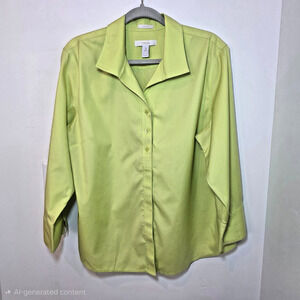 Chico's 3 Size XL Shirt Top Lime Green Button Front No Iron 3/4 Sleeve‎